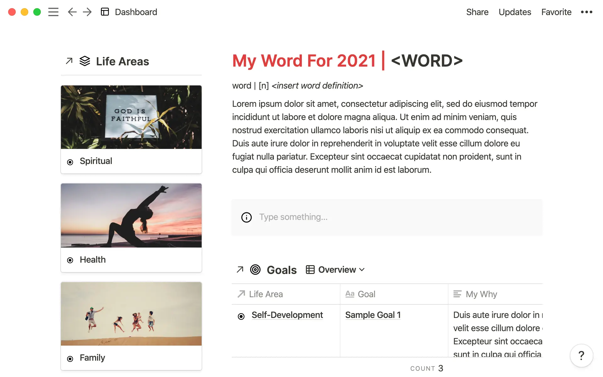 A dashboard that takes into account all the different areas of your life.