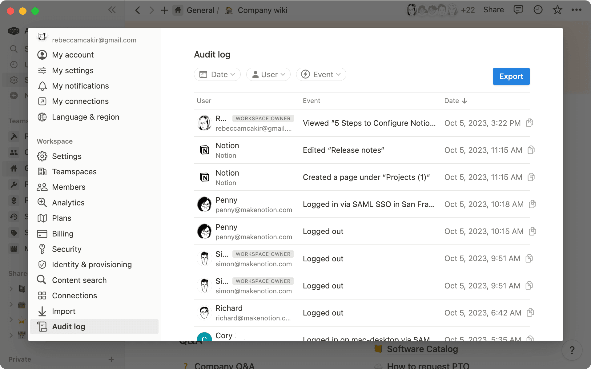 Audit log allows workspace owners to see all events taking place across their workspace.